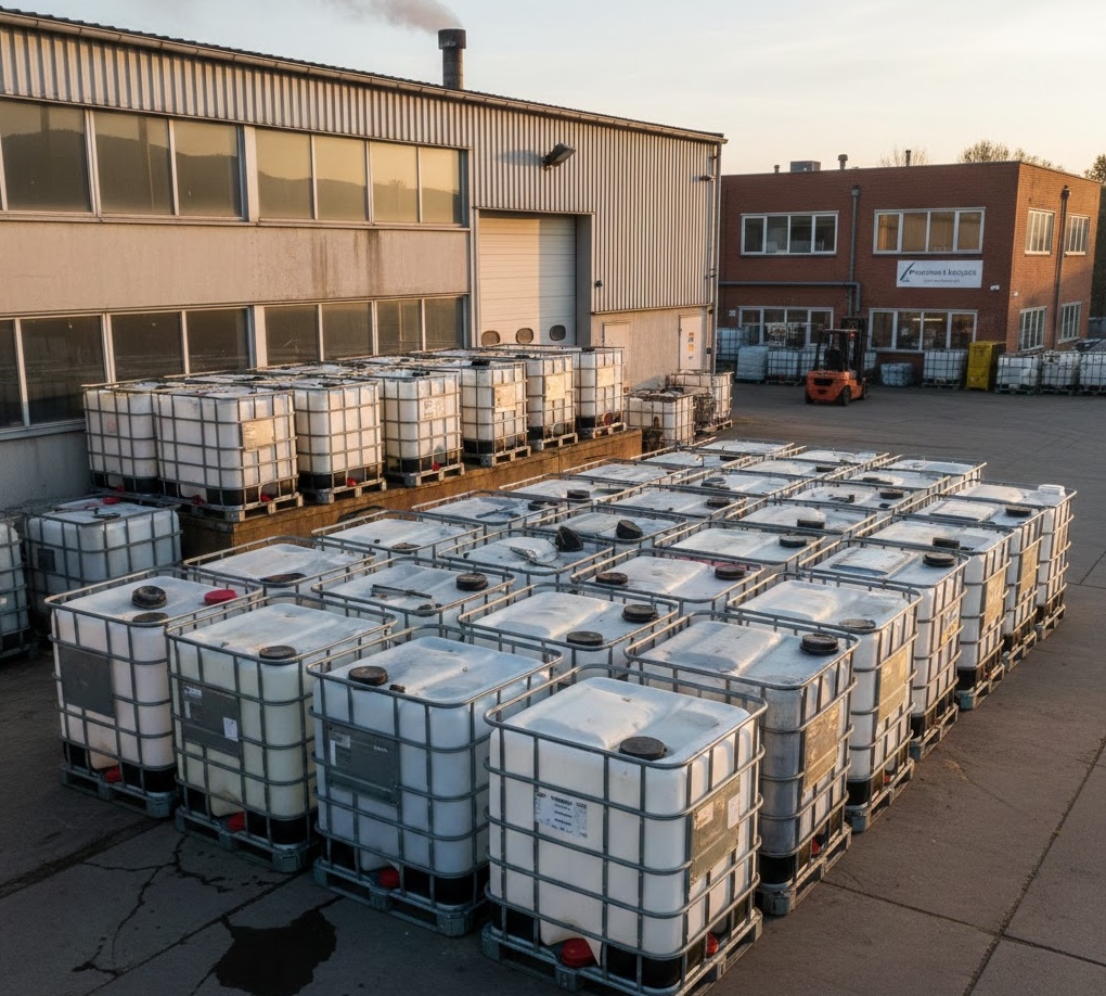 IBC tank outdoor storage yard at sunset